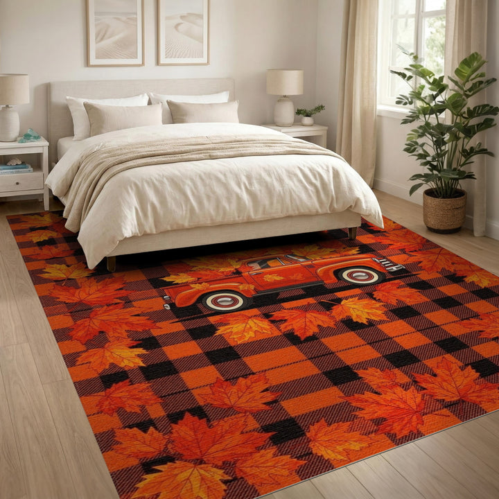 Vintage Orange Truck Fall Leaves Area Rug