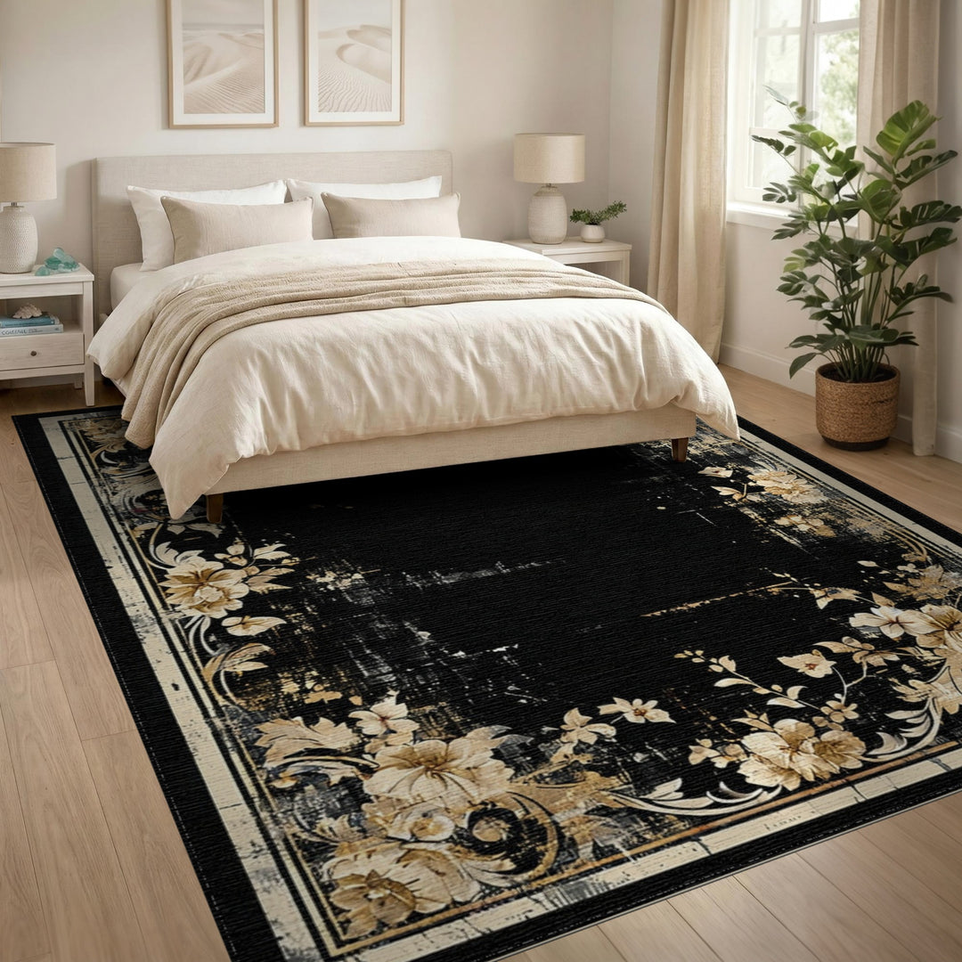 Distressed Floral Black Area Rug