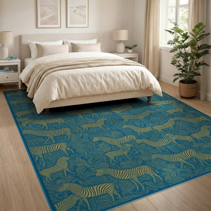 Blue Zebra Foliage Area Rug