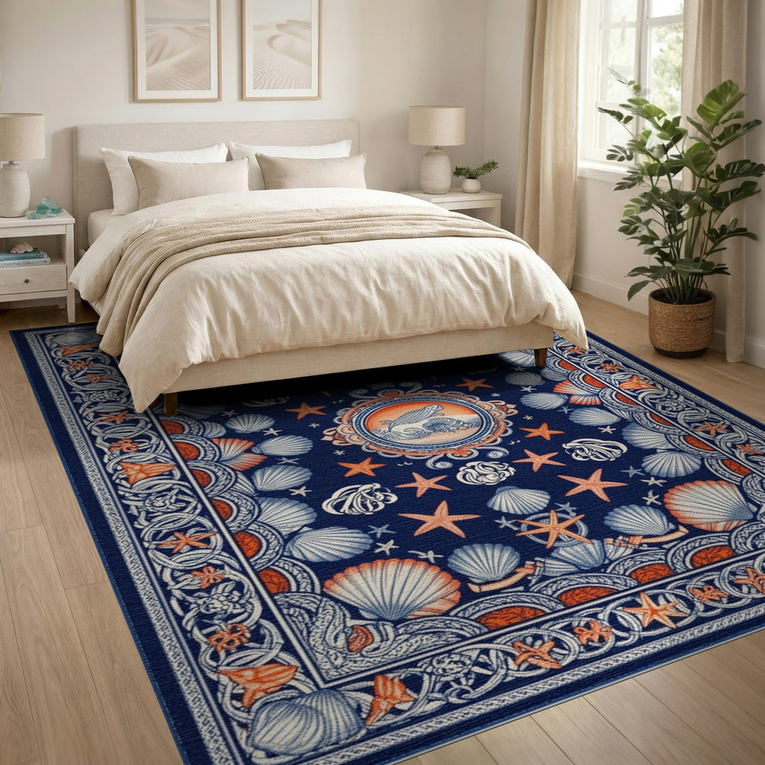 Navy Blue Coastal Seashell Starfish Area Rug