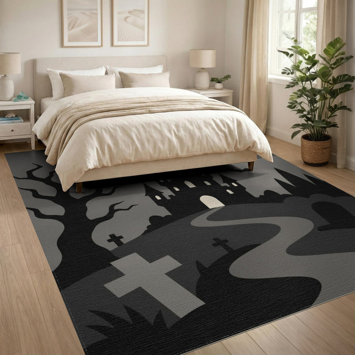 Black and White Spooky Haunted Castle Halloween Area Rug