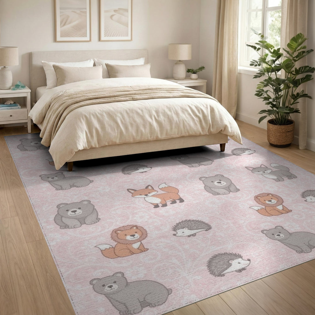 Pink Cartoon Animal Kids Area Rug