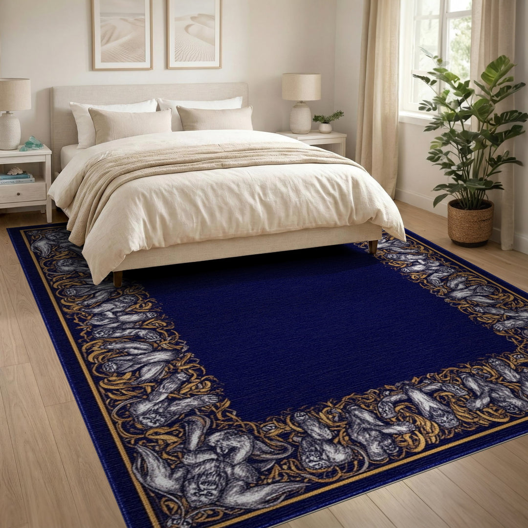 Silver Gorilla Border Blue Area Rug