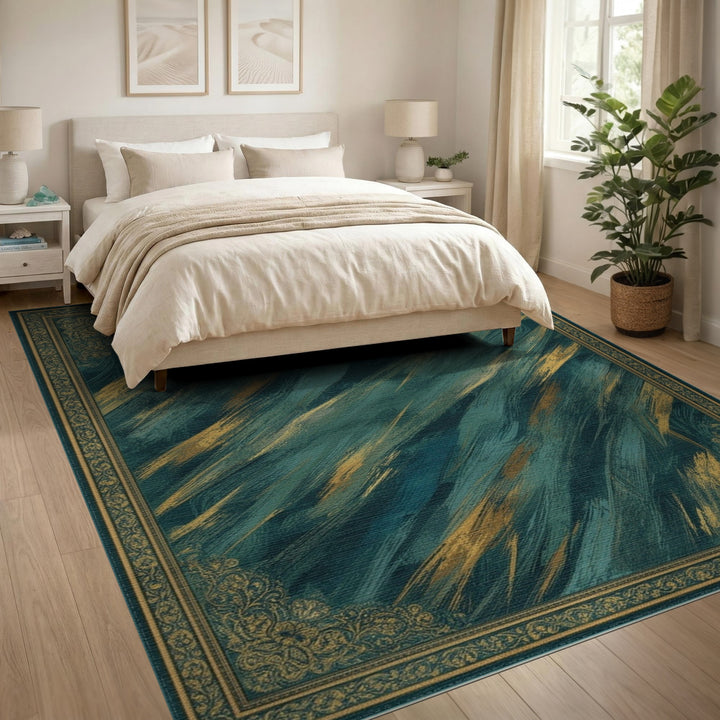 Teal Gold Abstract Brushstroke Area Rug