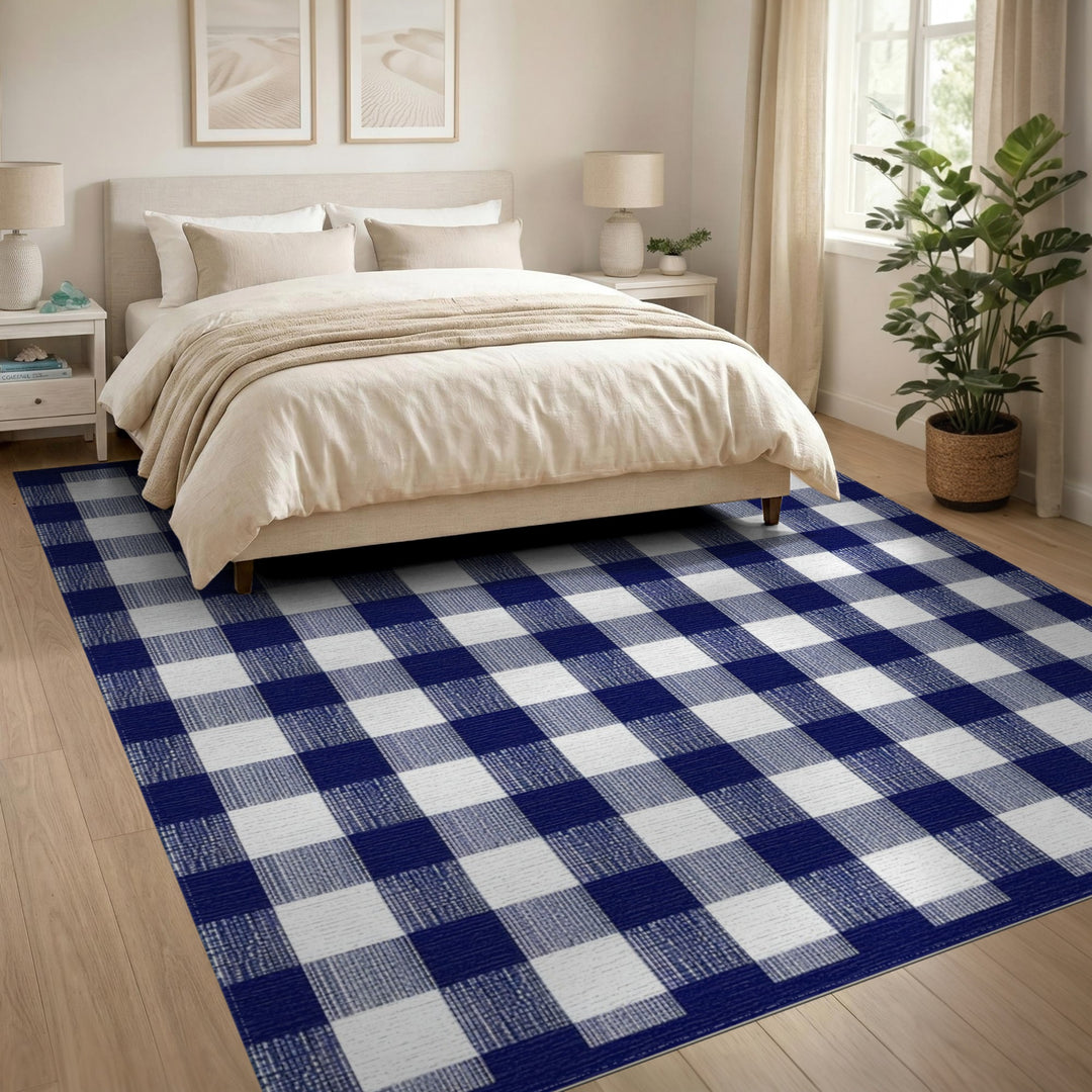 Navy Blue Checkered Geometric Modern Area Rug