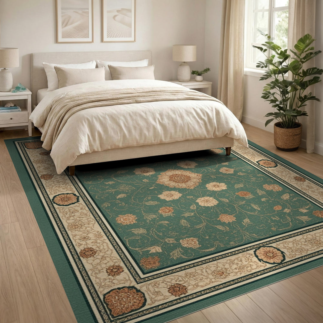Teal Floral Vintage Area Rug with Cream Border