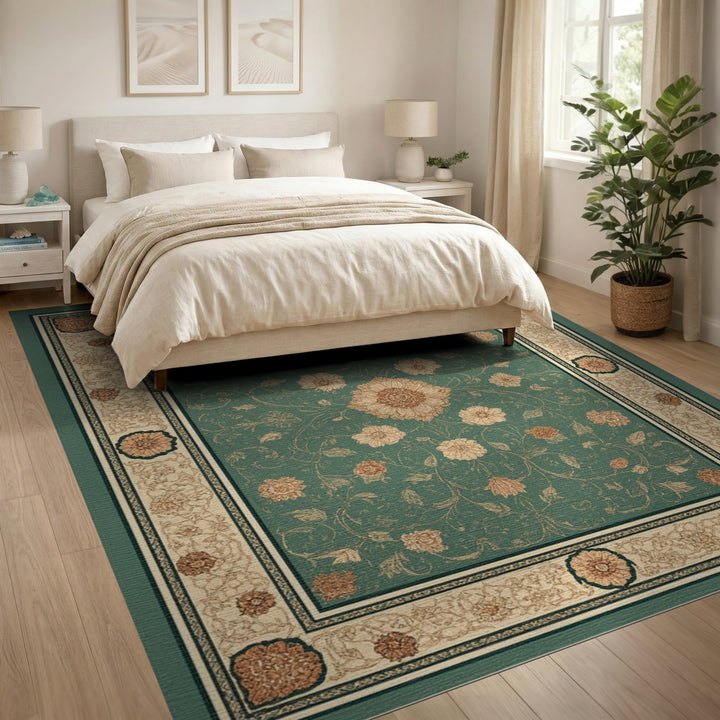 Teal Floral Vintage Area Rug with Cream Border