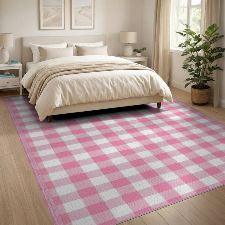 Rustic Farmhouse Pink Gingham Check Washable Area Rug