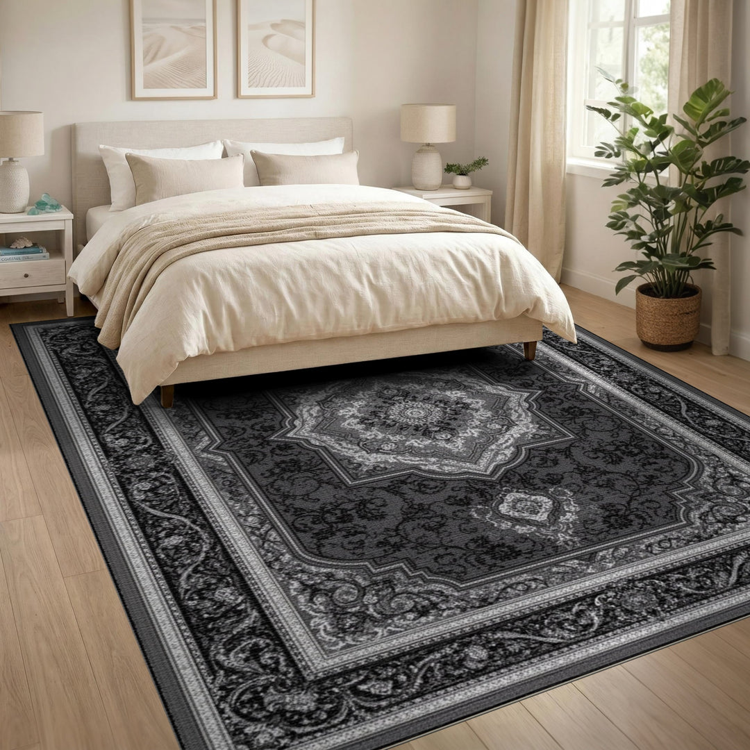 Black White Persian Medallion Area Rug