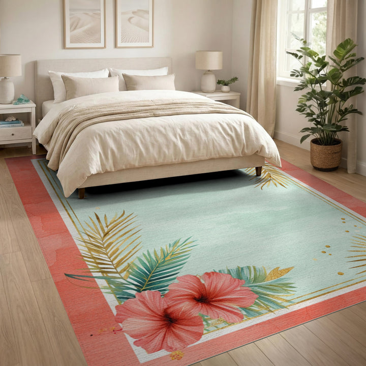 Coral Hibiscus Gold Palm Washable Area Rug
