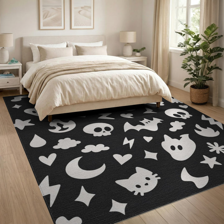 Spooky Halloween Black White Washable Area Rug