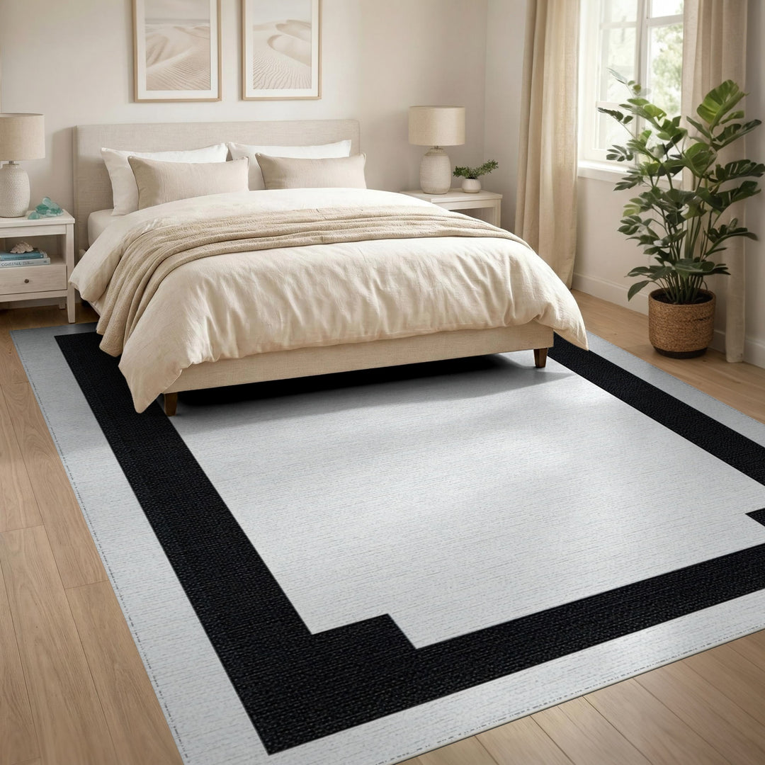 Black White Geometric Step Border Rug