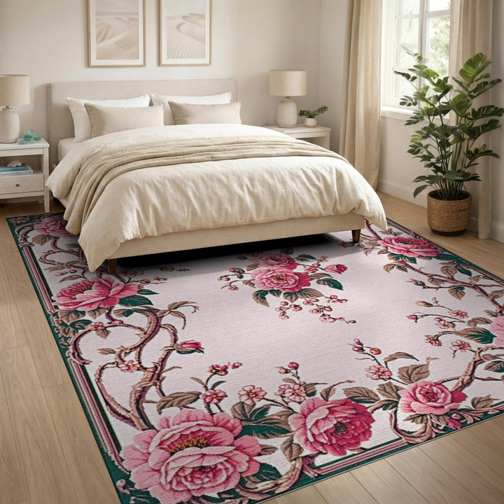 Pink Rose Floral Vintage Washable Area Rug