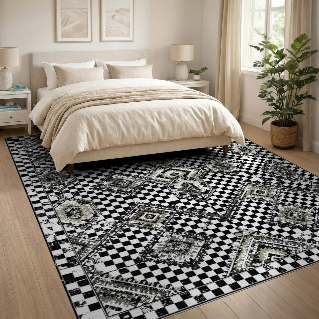 Black White Checkered Geometric Area Rug