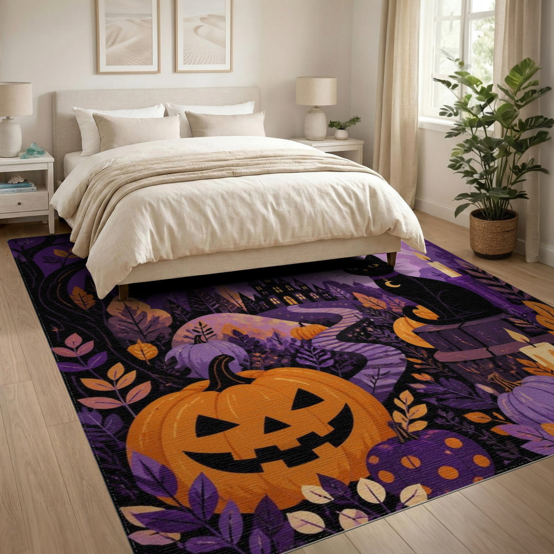 Enchanted Purple Black Cat Pumpkin Area Rug