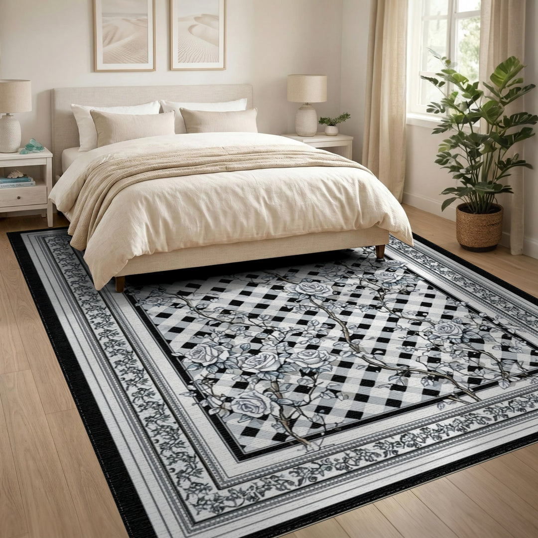 Black White Rose Trellis Area Rug