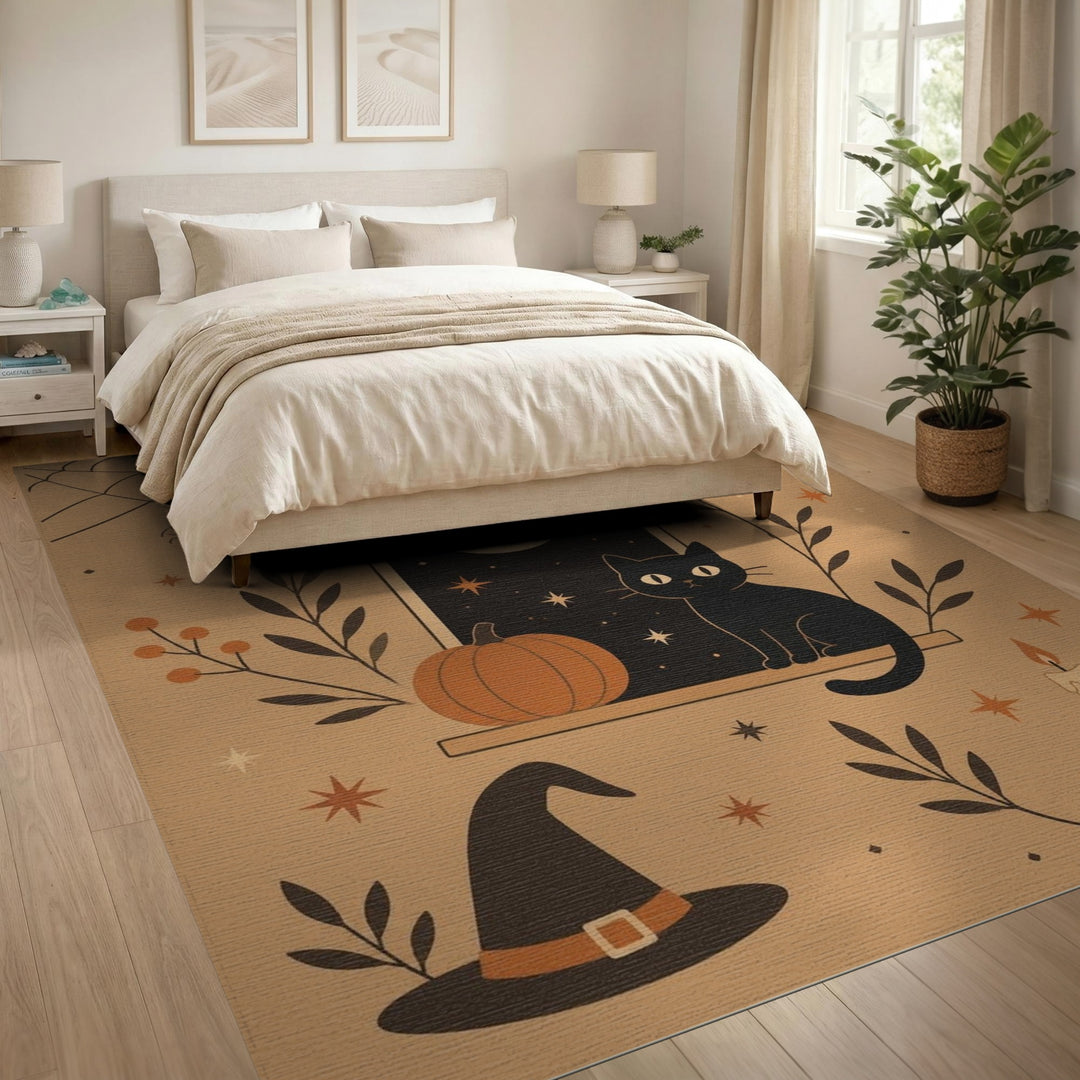 Brown and Tan Halloween Black Cat Pumpkin Area Rug