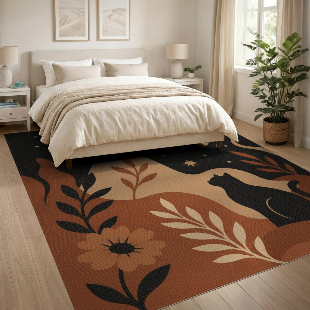 Brown and Tan Celestial Cat Boho Area Rug