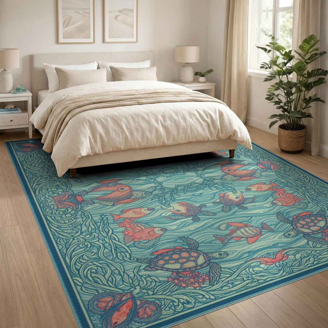 Coastal Blue Sea Turtle Area Rug