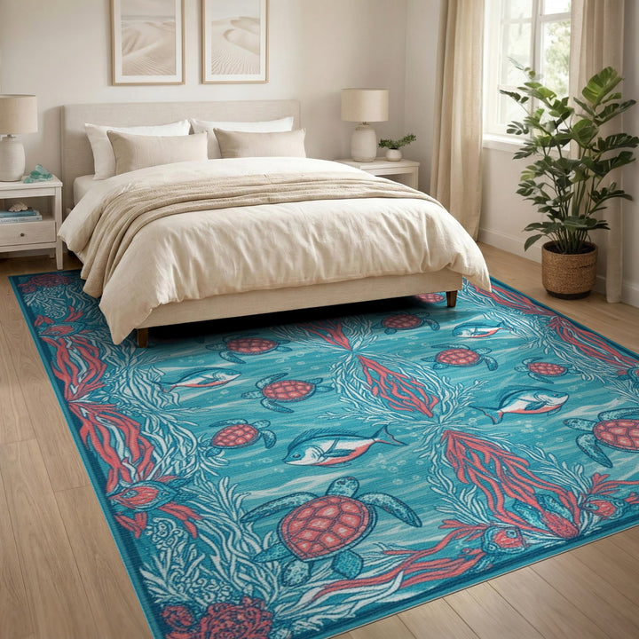 Blue Teal Sea Turtle Coastal Blue and Teal Area Rug