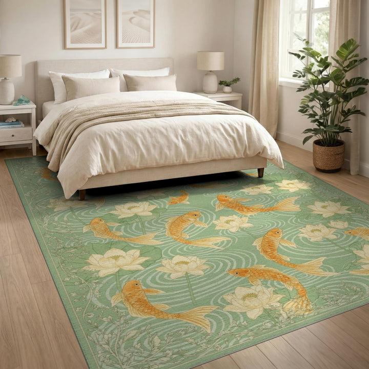 Green Koi Lotus Green Area Rug