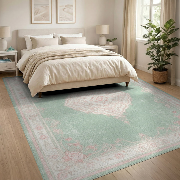 Floral Vintage Green Mint Green Pink Floral Vintage Area Rug