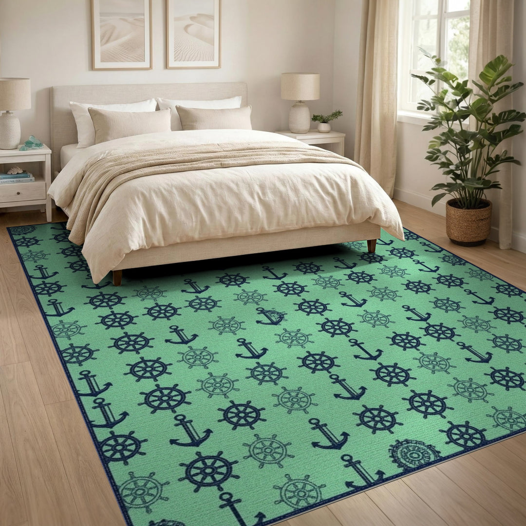 Nautical Teal Anchor Ship Wheel Area Rug