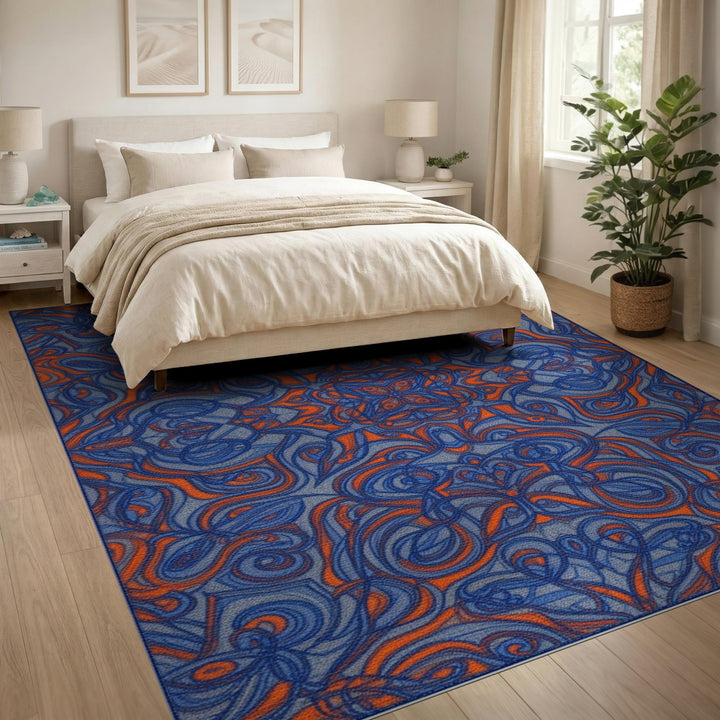 Blue Orange Abstract Swirl Area Rug