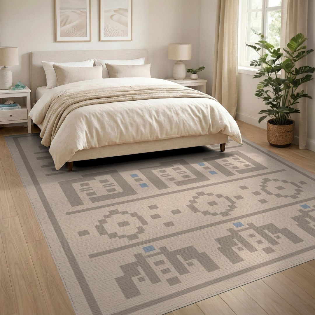Beige Geometric Area Rug with Blue Accents