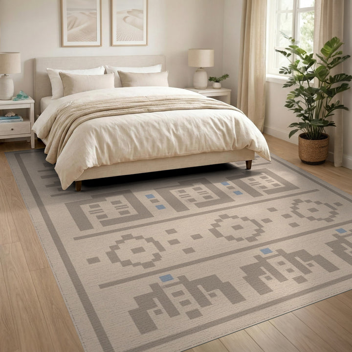 Beige Geometric Area Rug with Blue Accents