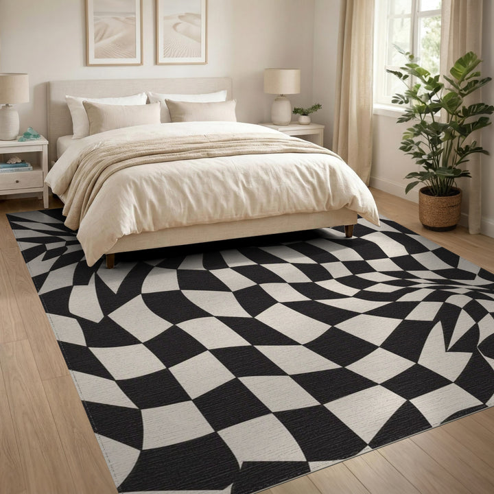 Black White Wavy Checkerboard Area Rug
