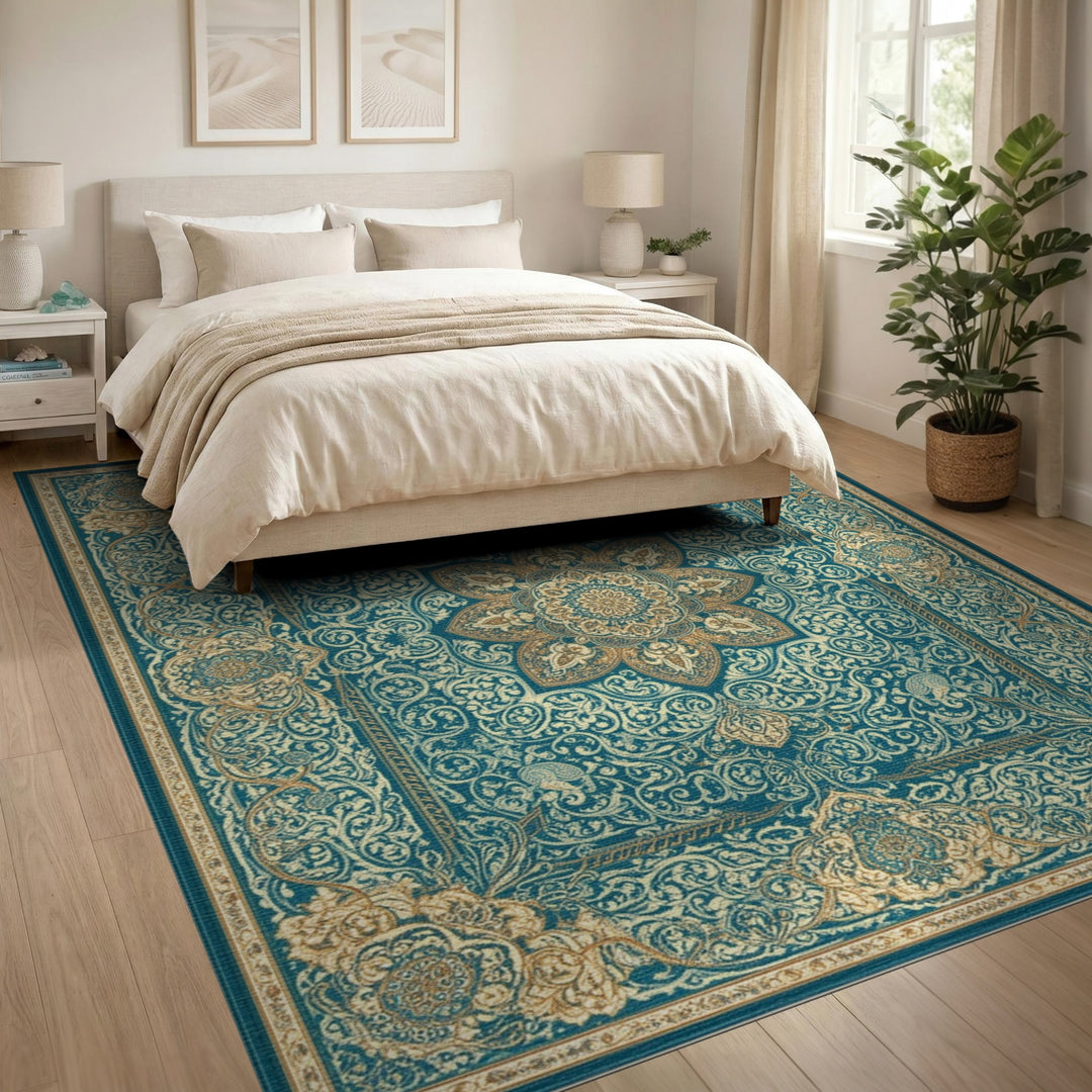 Teal Gold Traditional Persian Medallion Rug