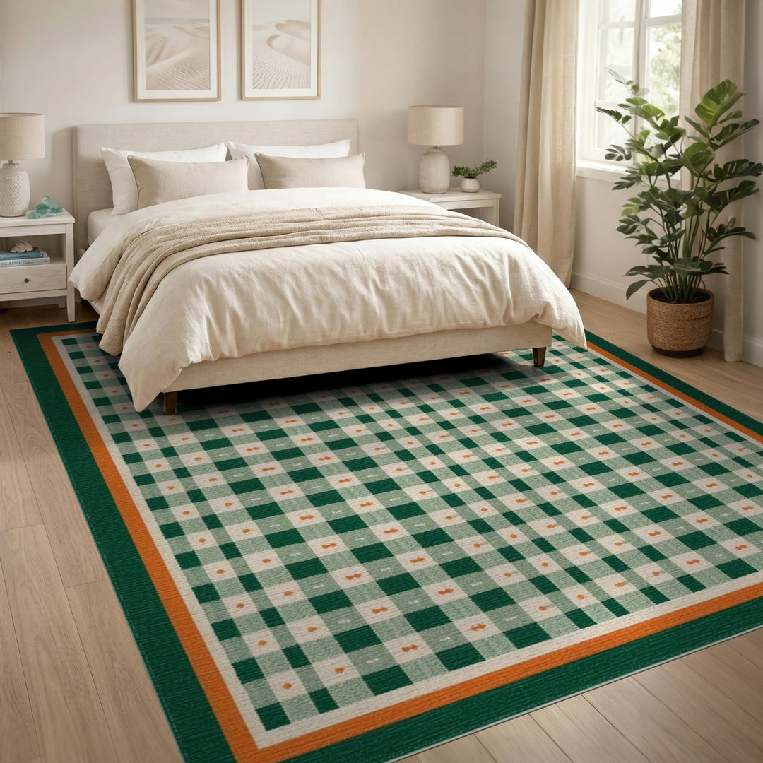 Green Gingham Checkered Area Rug with Orange Border