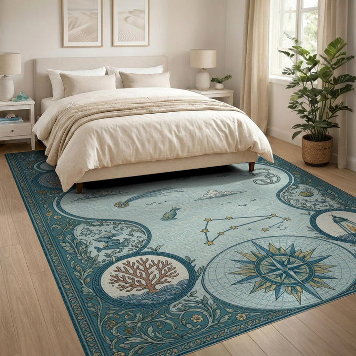 Blue Teal Nautical Compass Ocean Area Rug