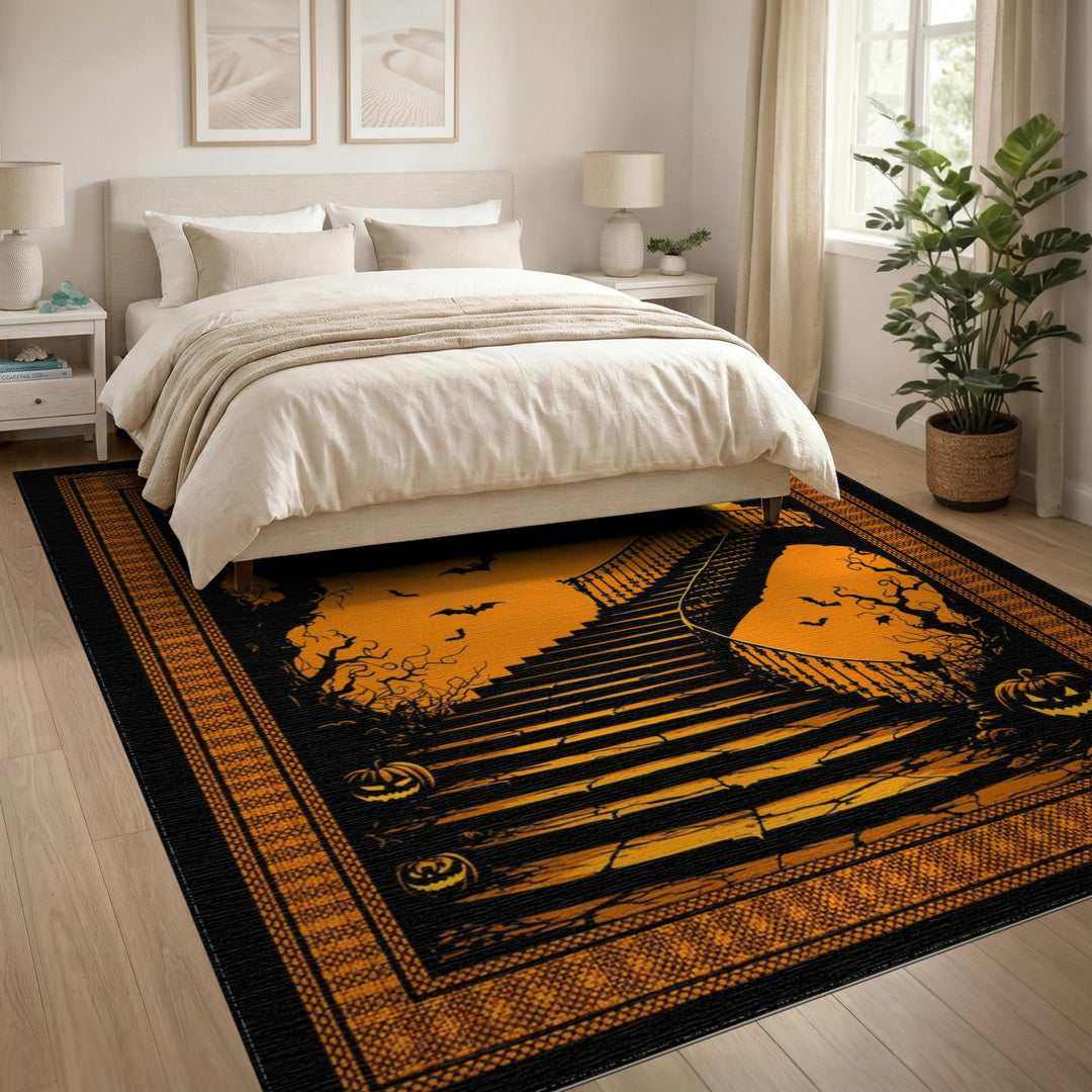 Orange Halloween Staircase Washable Area Rug