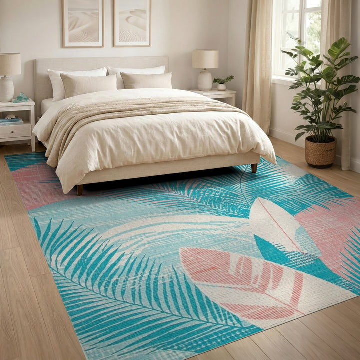 Blue Teal Palm Frond Coastal Area Rug