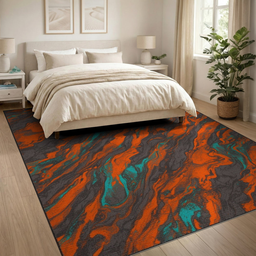 Vibrant Orange Teal Swirl Abstract Area Rug