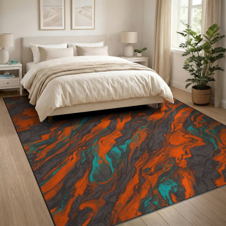 Vibrant Orange Teal Swirl Abstract Area Rug