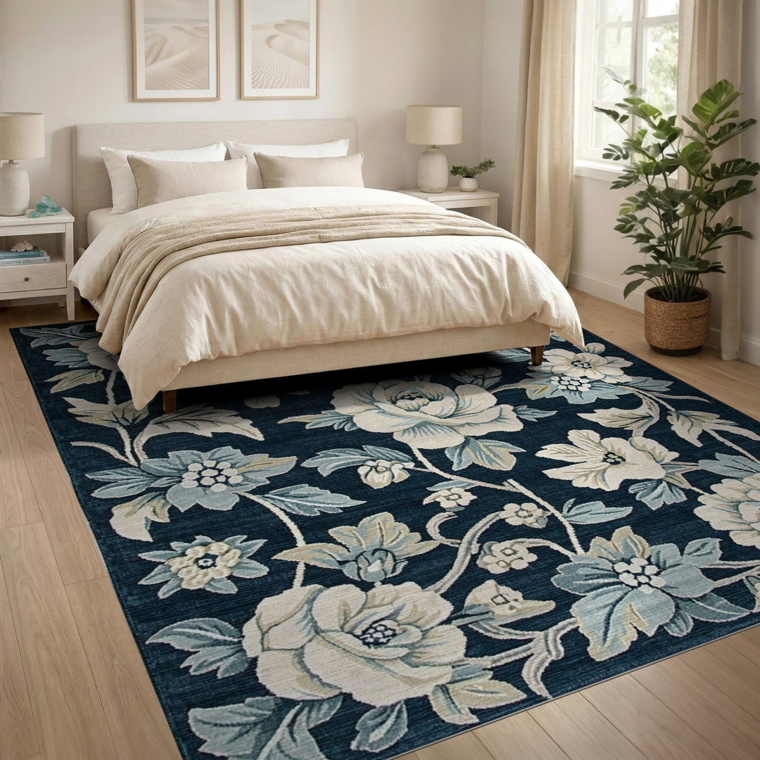 Navy Blue Floral Vintage Area Rug