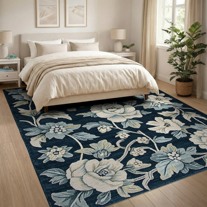 Navy Blue Floral Vintage Area Rug