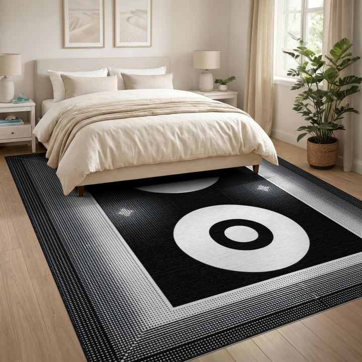 Black White Double Circle Geometric Area Rug