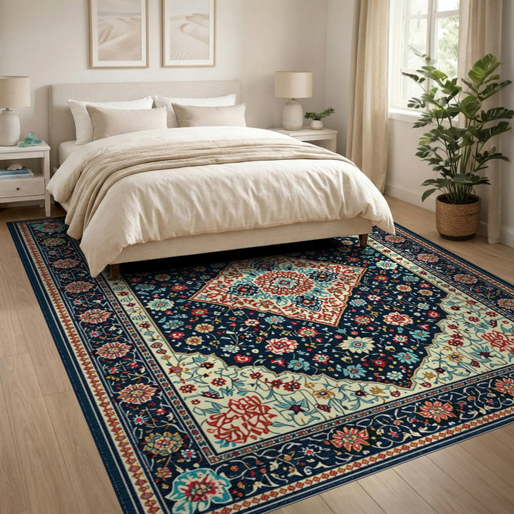 Navy Multi-color and Patterns Navy Persian Floral Medallion Area Rug