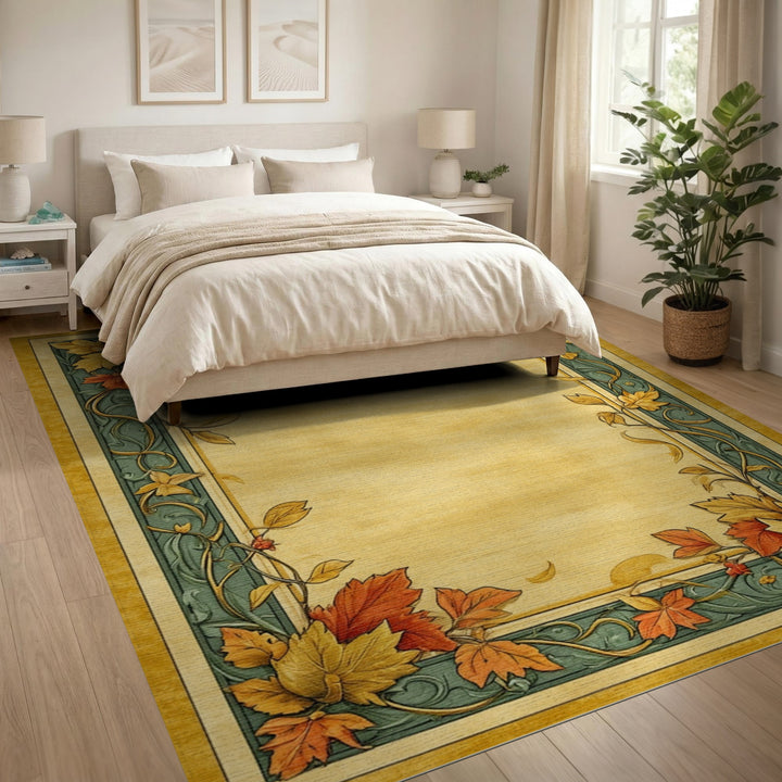 Vintage Teal Autumn Leaf Border Area Rug