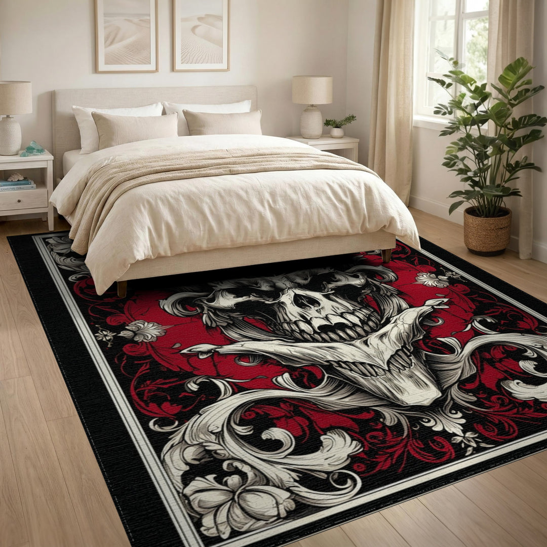 Skull and Crossbones Floral Area Rug