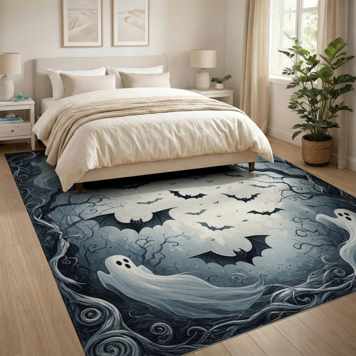 Moonlit Ghosts and Bats Black White Area Rug