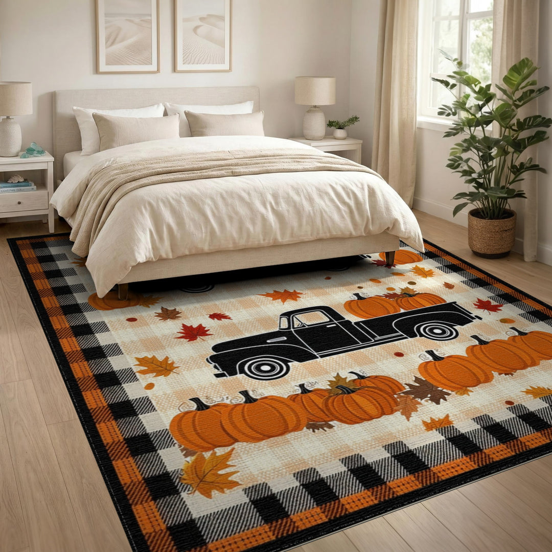 Autumn Pumpkin Truck Orange Plaid Area Rug