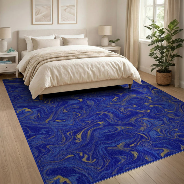 Blue Gold Fluid Swirl Abstract Area Rug