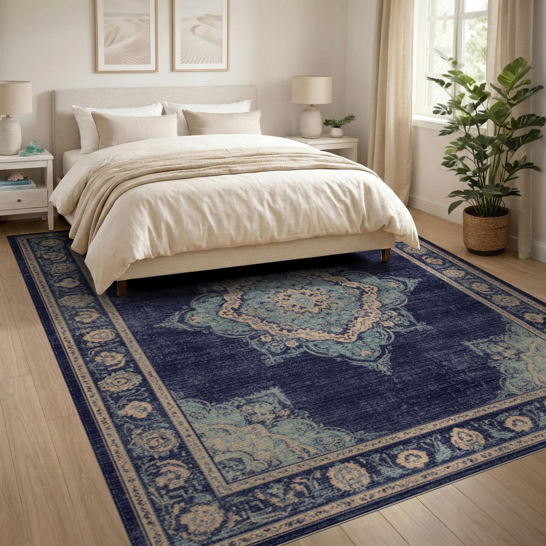 Blue Teal Distressed Vintage Medallion Rug