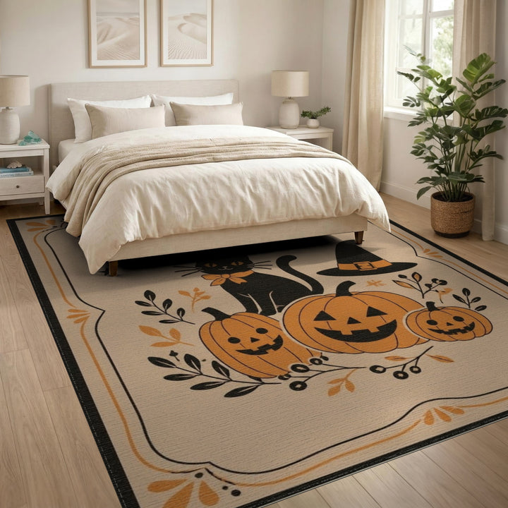 Beige and Neutral Halloween Black Cat Pumpkin Area Rug