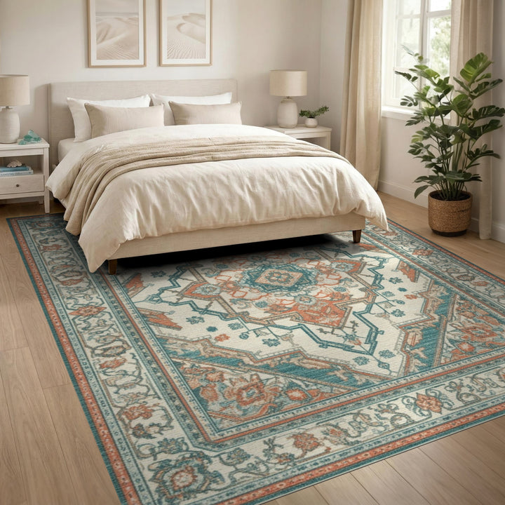 Blue Teal Persian Medallion Area Rug
